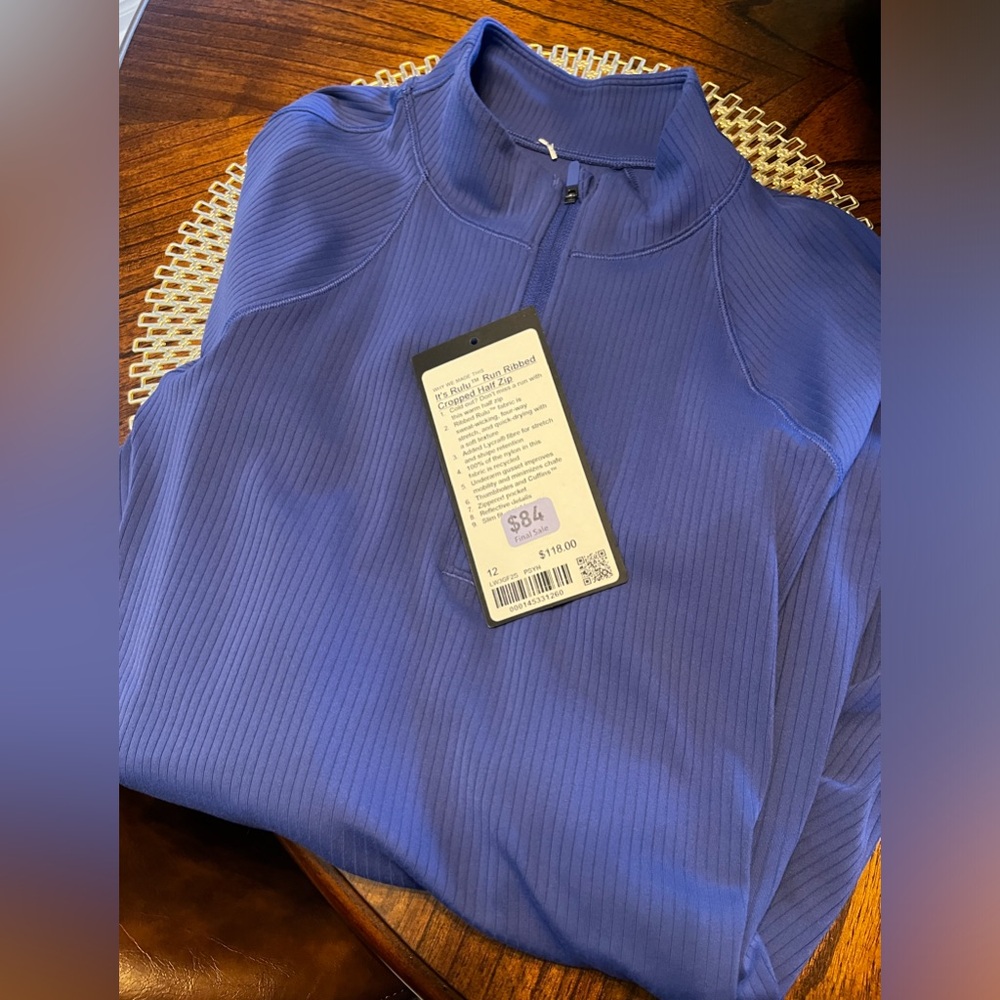 Lululemon new Rulu run half zip ribbed cropped, bluish purple colour sz. 12